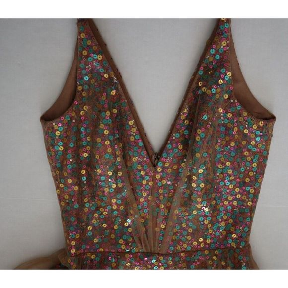 Dress The Population Sz XS Nude/Multi Ensley Sequin Embroidered Tulle Dress $298 - Picture 9 of 13